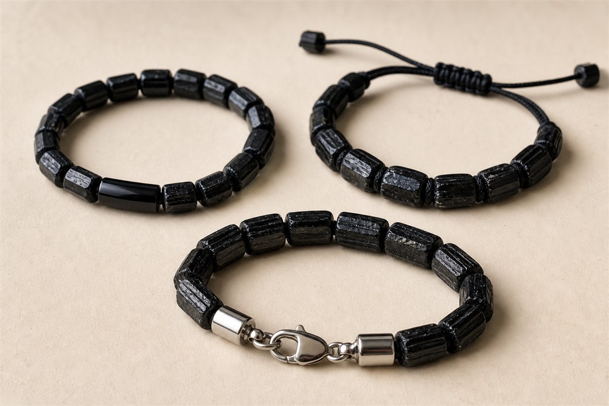 Black tourmaline bracelets with elastic braided cord and stainless-steel clasp construction