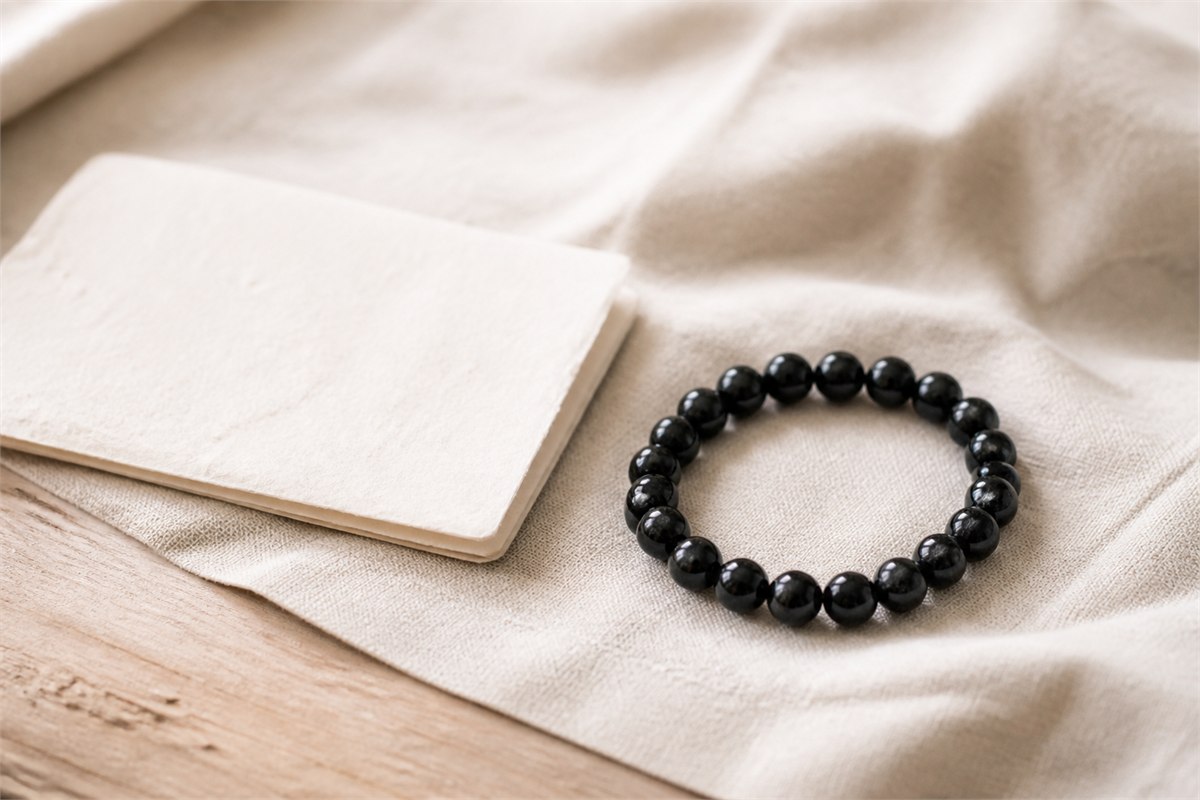 Black tourmaline bead bracelet beside a blank note on warm ivory linen