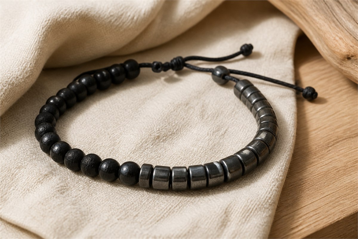 Textured black tourmaline beads paired with steel-gray hematite beads on dark cord.