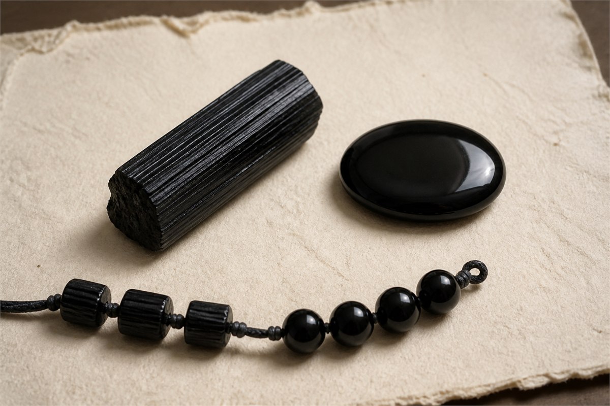 Striated raw black tourmaline beside a smooth black obsidian cabochon and two-material bead strand.