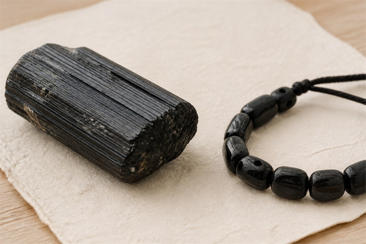 Raw black tourmaline schorl with longitudinal striations beside polished beads and visible cord.