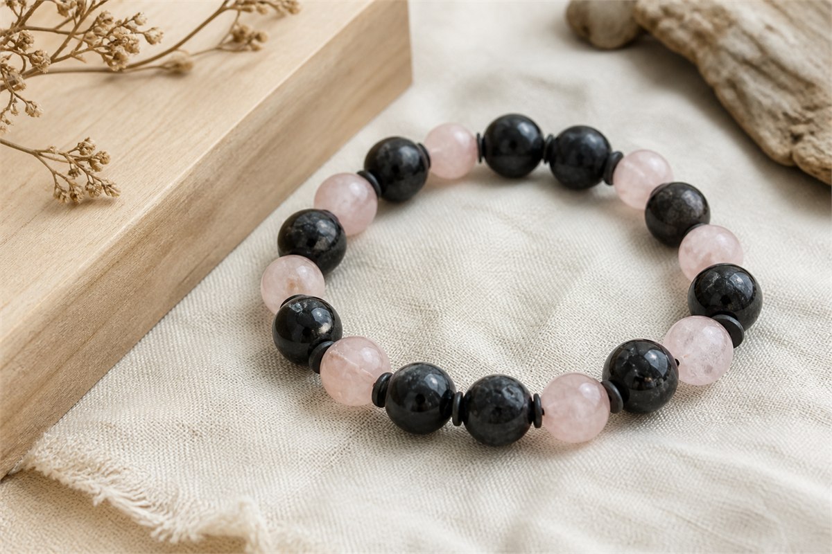 Pale rose quartz and black tourmaline beads separated by dark matte spacers on linen.