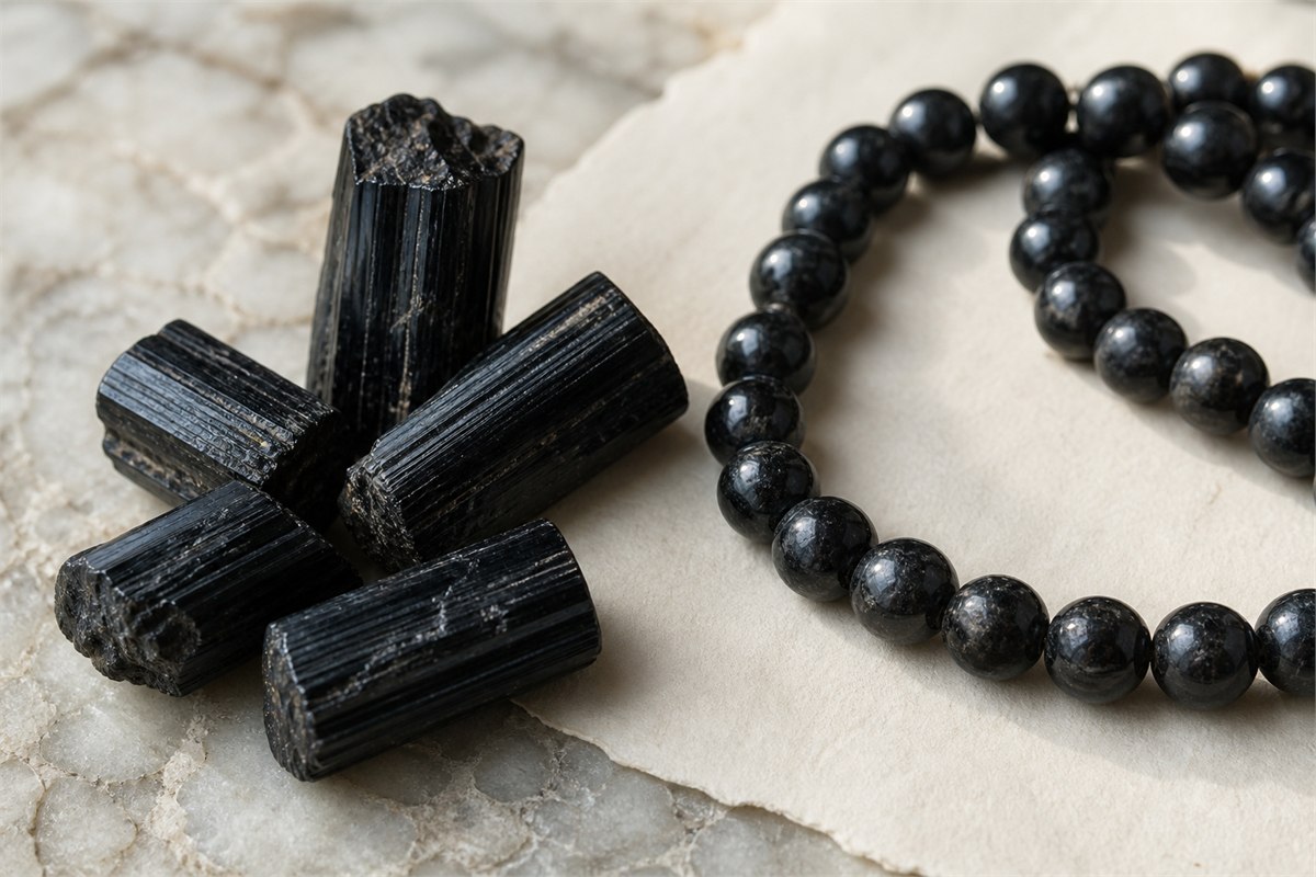 Raw striated schorl crystals beside polished black tourmaline beads