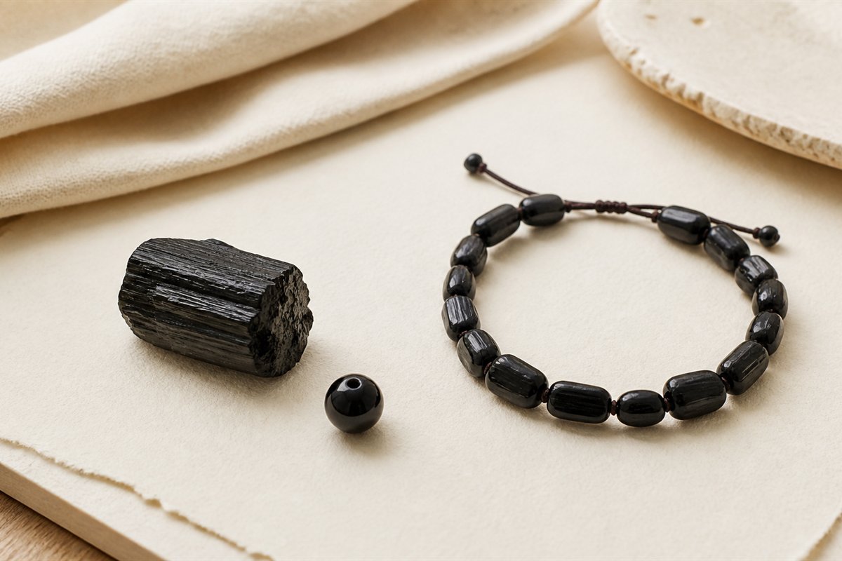 Ridged black schorl crystal beside polished black tourmaline beads with visible drill holes.