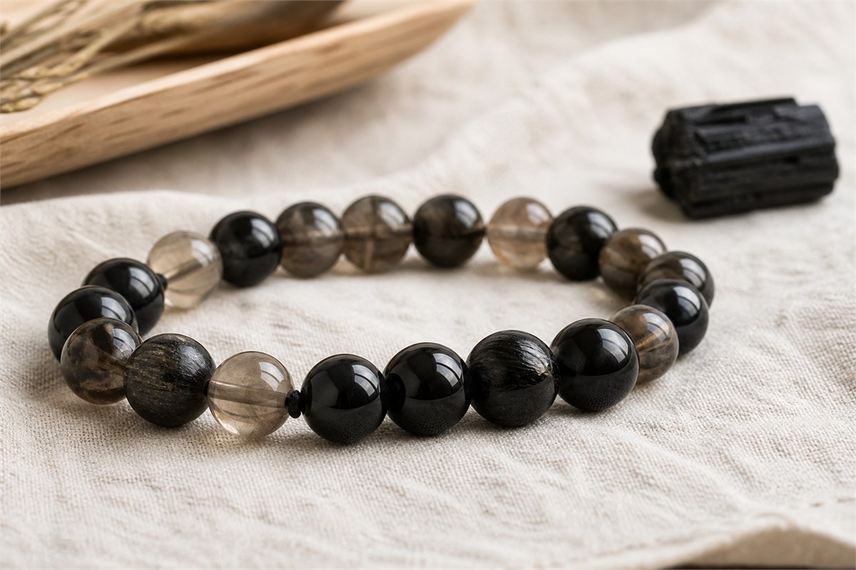 Black tourmaline and translucent brown-gray smoky quartz beads arranged on undyed linen.
