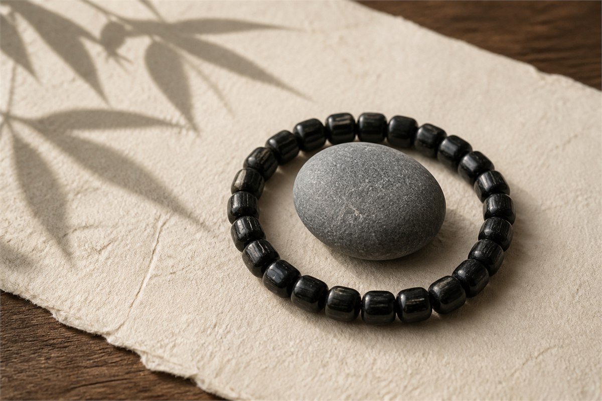 Textured black tourmaline bracelet circling a smooth gray stone on handmade paper