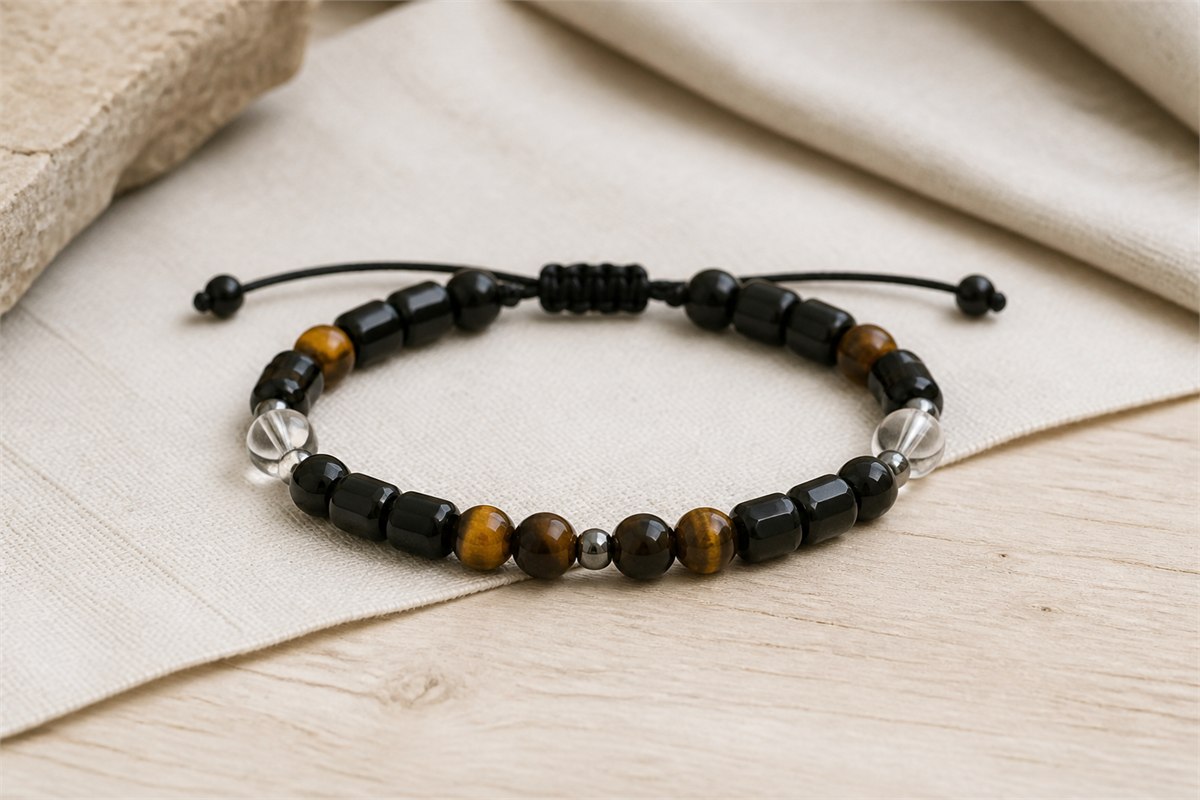 Black tourmaline bracelet with tiger’s eye, hematite, and two clear quartz accent beads.