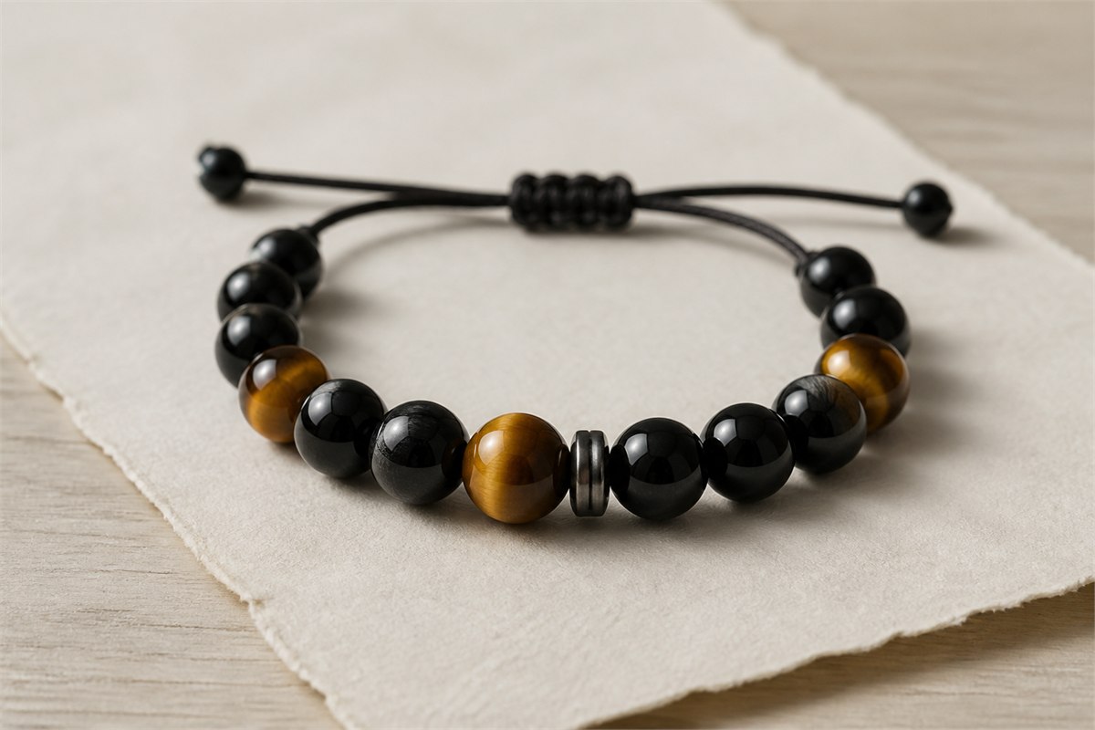 Golden-brown tiger’s eye beads with natural light bands paired with polished black tourmaline.