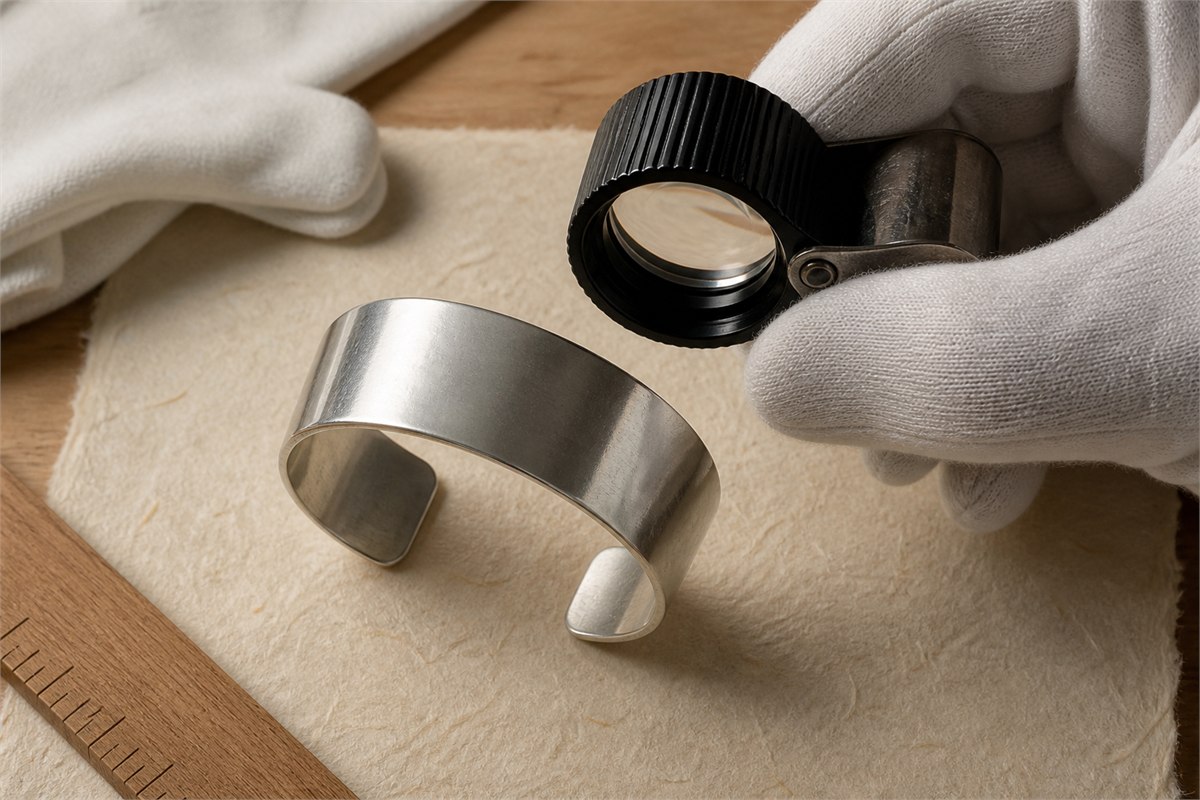 Blank brushed-silver cuff examined with a magnifying glass beside a ruler and soft gloves