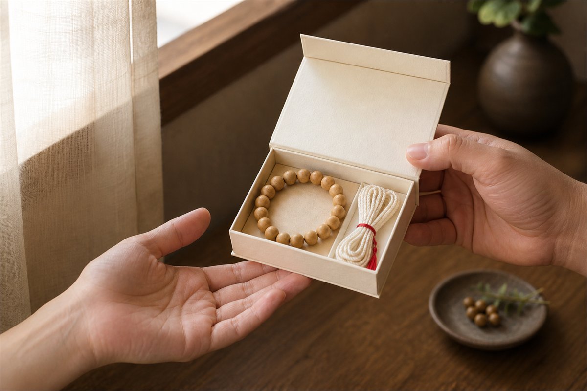 One adult gently offers a simple wrapped bracelet keepsake to another in warm window light.