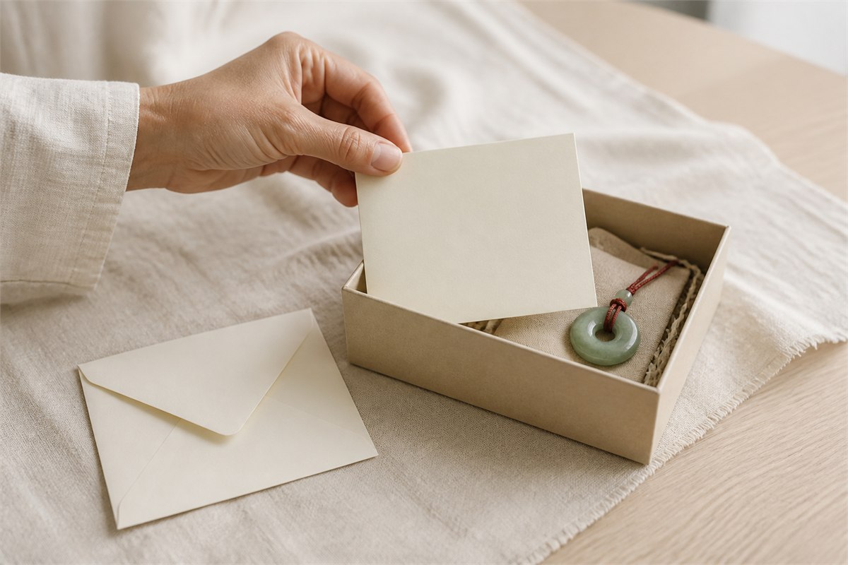 Hand placing a blank card into a gift box beside a plain round pendant and envelope