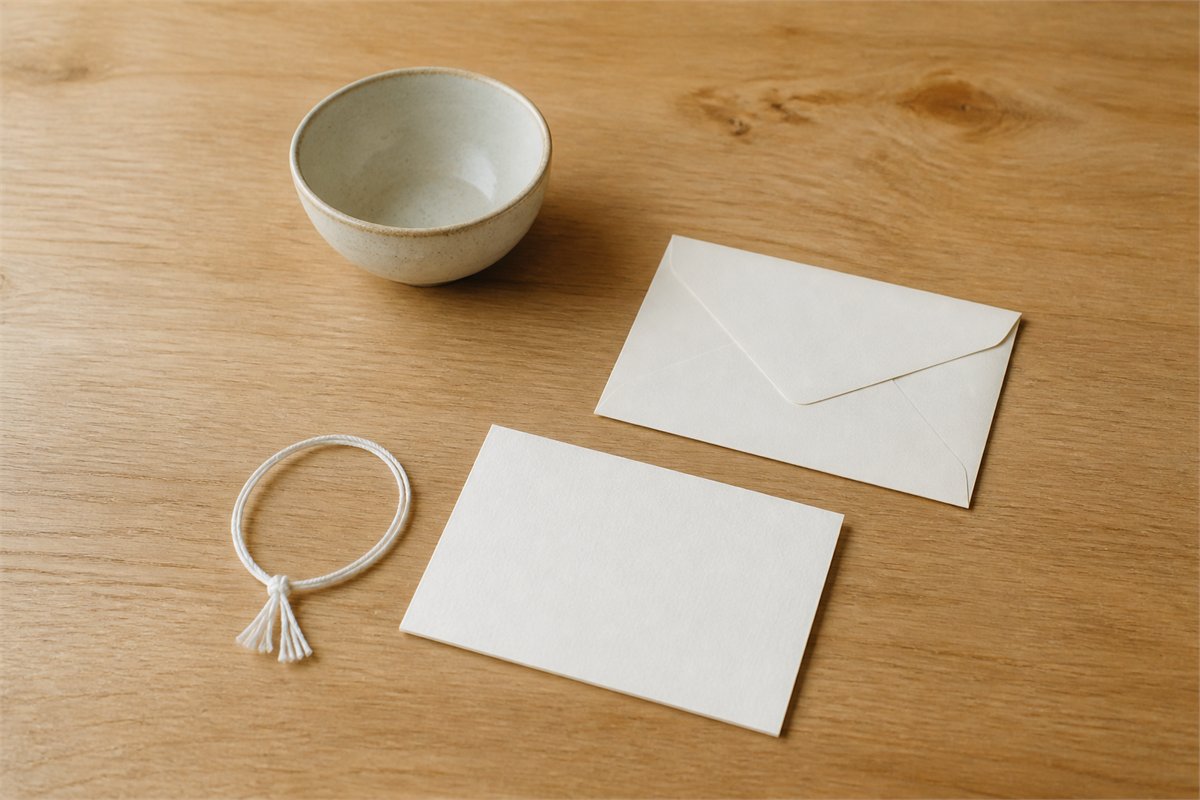 A blessing cord rests beside a simple dated note and a small cloth pouch on a clean table.