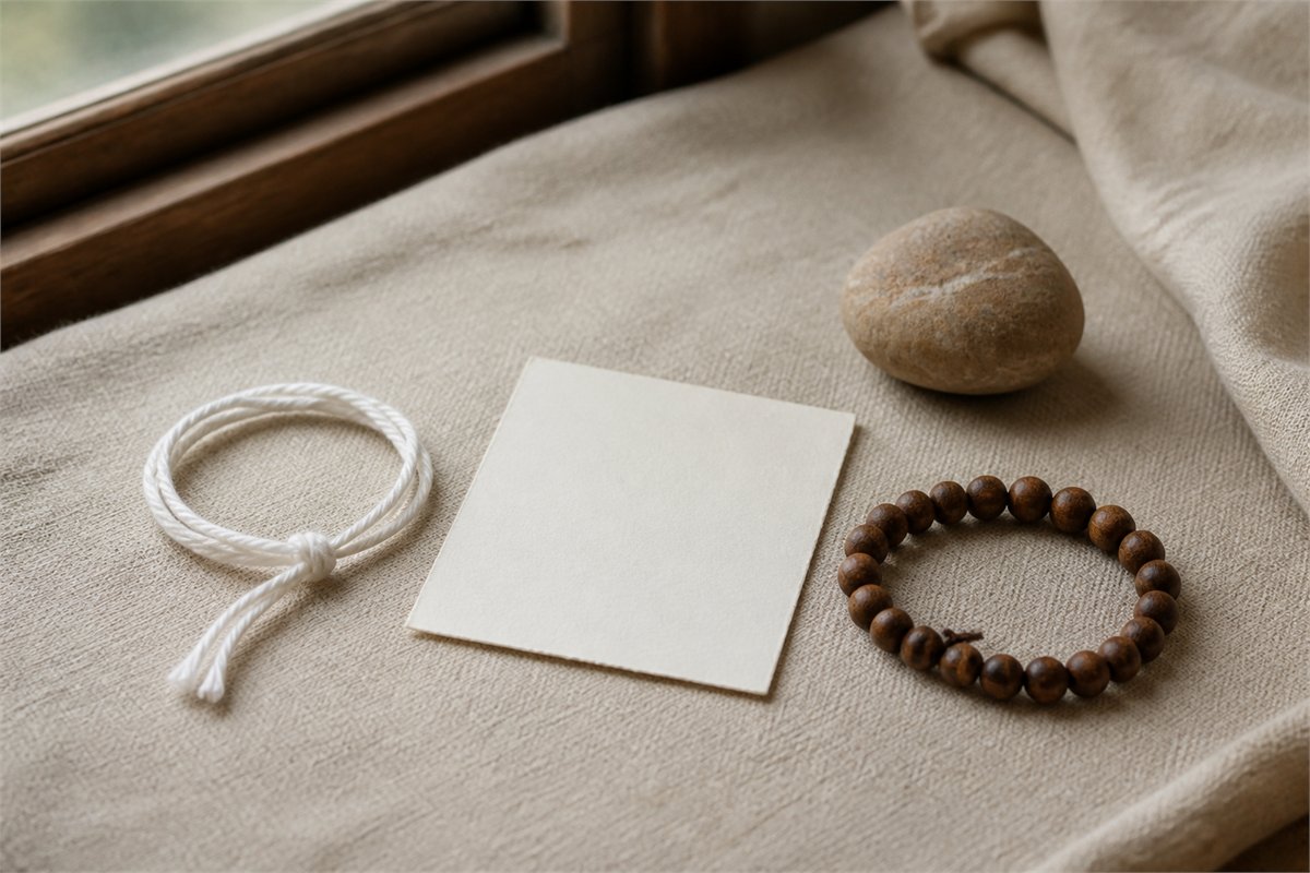 A simple blessing cord and a short wooden bead bracelet rest beside a handwritten keepsake note.