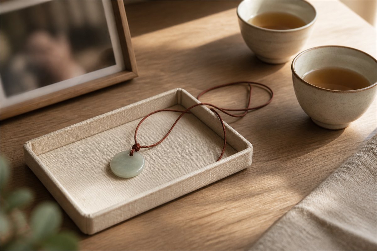 Blank jade pendant on a linen tray beside tea cups and a softly blurred family photograph
