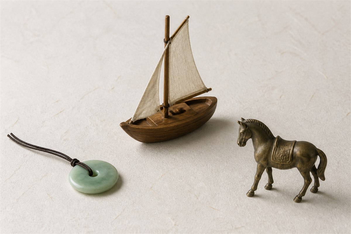 Plain round pendant, wooden sailboat, and small horse sculpture arranged as distinct symbols