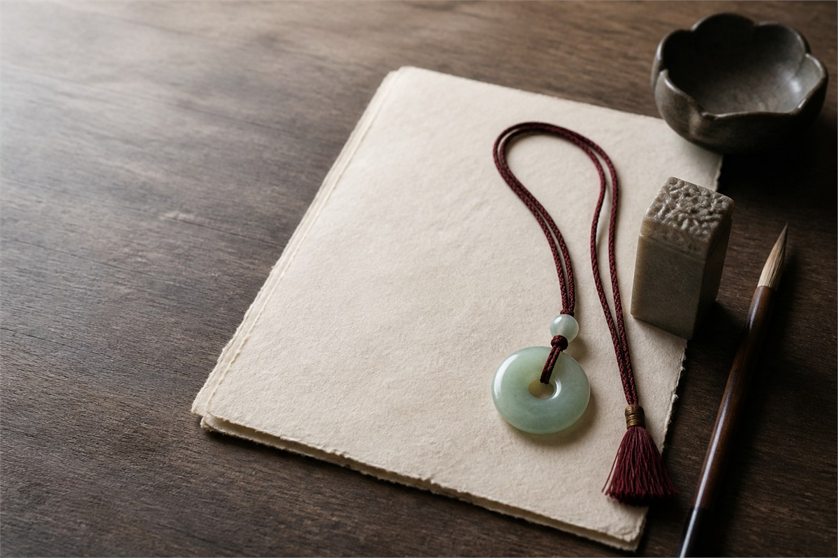 Uninscribed jade pendant, blank paper, stone seal form, brush, and red cord on a wooden desk