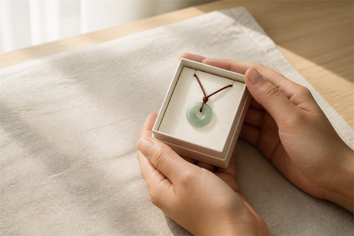 Hands presenting a boxed round jade-toned pendant as a meaningful gift