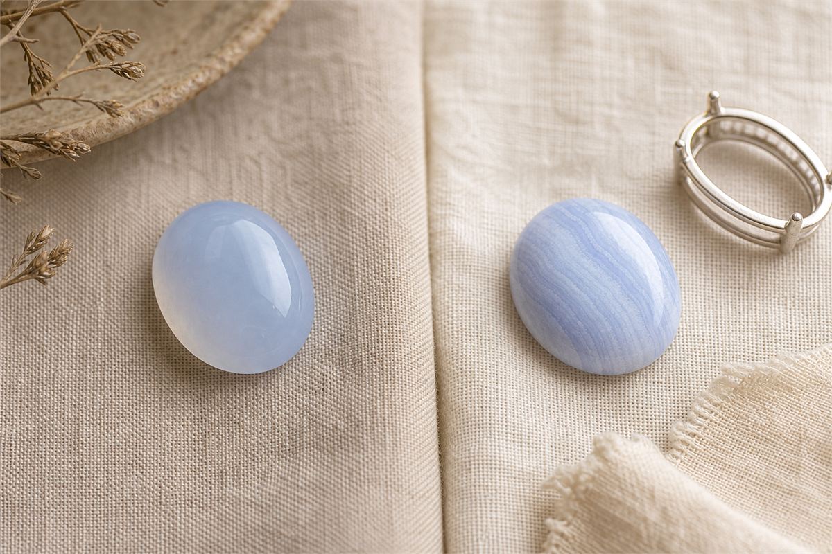 Uniform pale blue chalcedony cabochon beside banded blue lace agate on natural linen