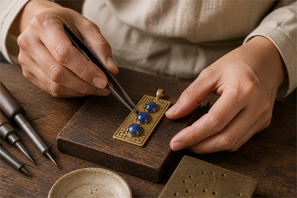 Artisan setting three blue glass cabochons into a contemporary brass pendant