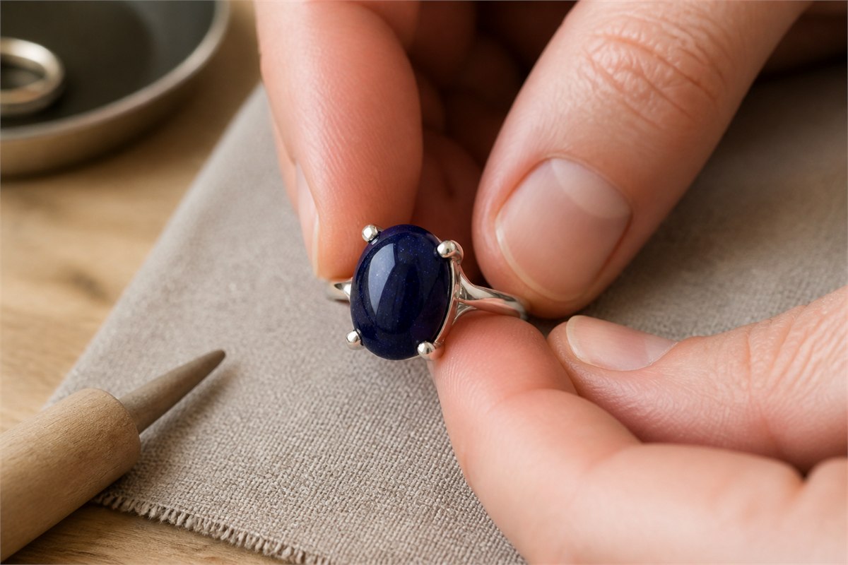 Fingertips gently inspecting four silver prongs around an oval blue goldstone ring