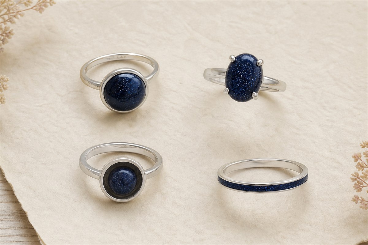Four blue goldstone rings showing bezel, prong, recessed cup, and inlay settings