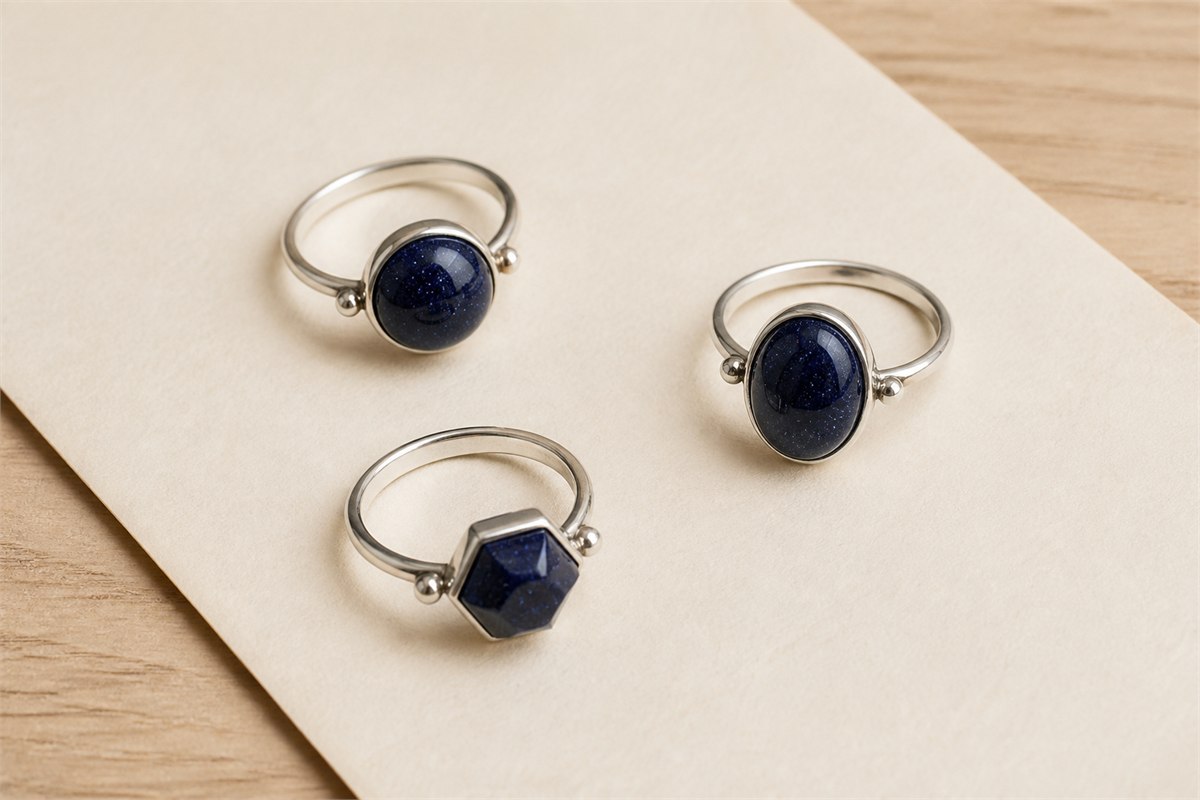 Three blue goldstone rings with round, oval, and geometric faces in ordinary daylight