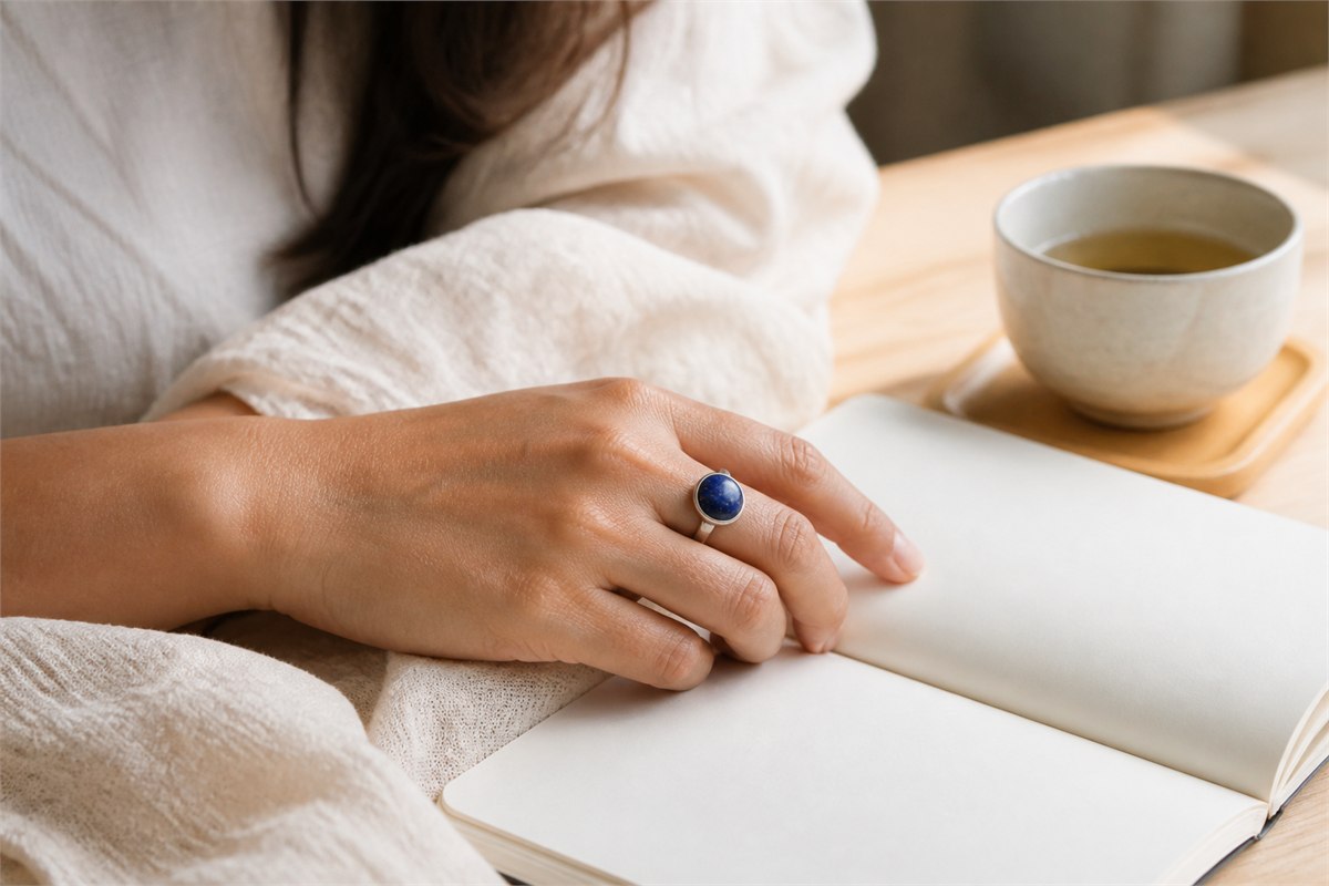 Hand wearing a blue goldstone ring beside a blank notebook and ceramic tea cup