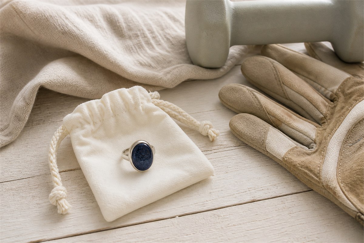 Blue goldstone ring resting in a soft pouch beside gardening gloves and a hand weight