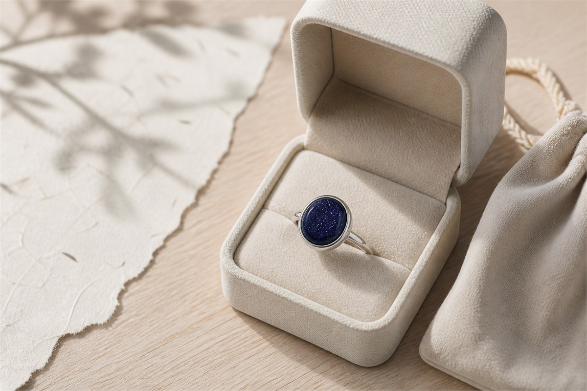 Blue goldstone ring stored alone in a padded warm ivory jewelry box