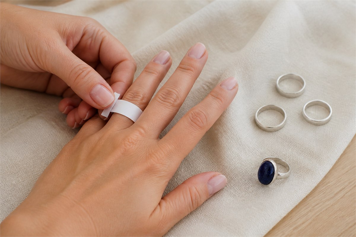 Hand measuring a finger with a plain paper strip beside ring sizing bands and a blue goldstone ring