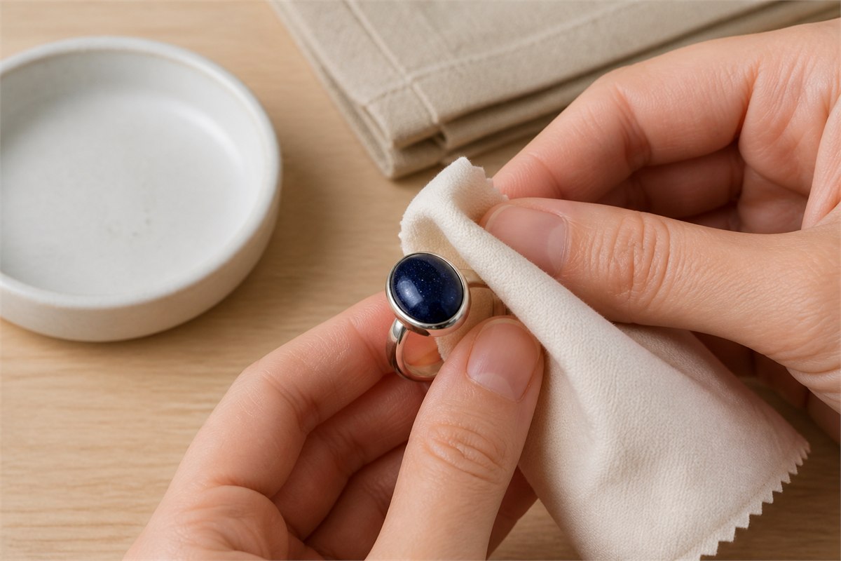 Hands gently wiping a blue goldstone ring with a soft ivory cloth