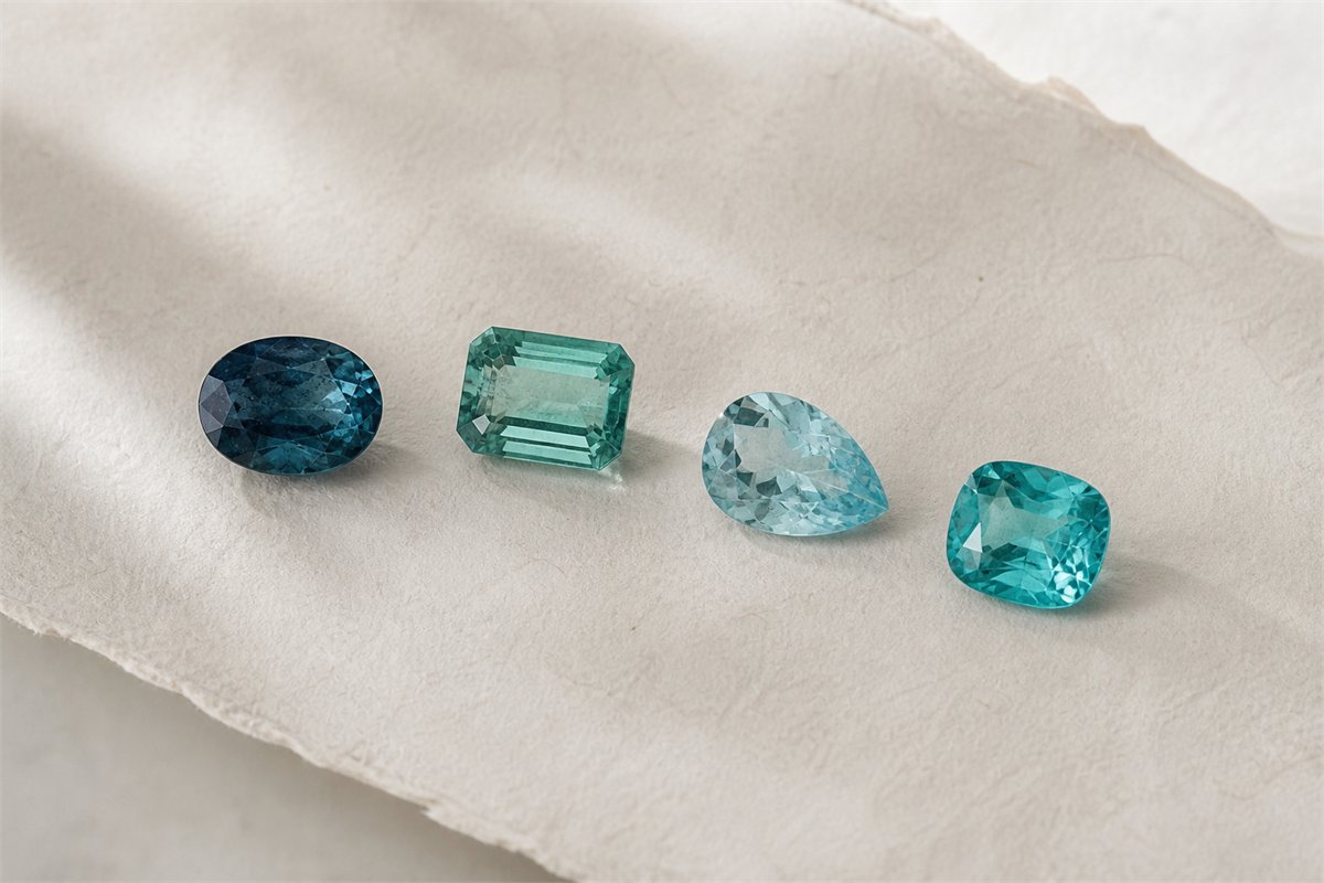 Four faceted tourmalines ranging from deep blue to greenish blue