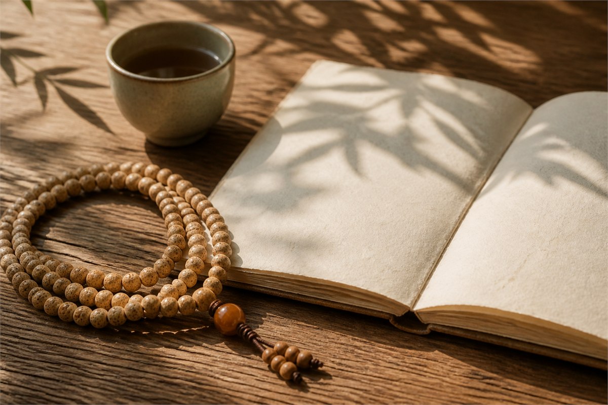 Bodhi seed mala beside a blank journal and ceramic tea cup in soft morning light