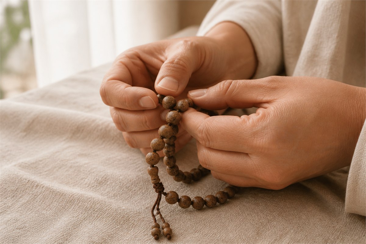 Hands gently holding a natural seed mala in warm window light