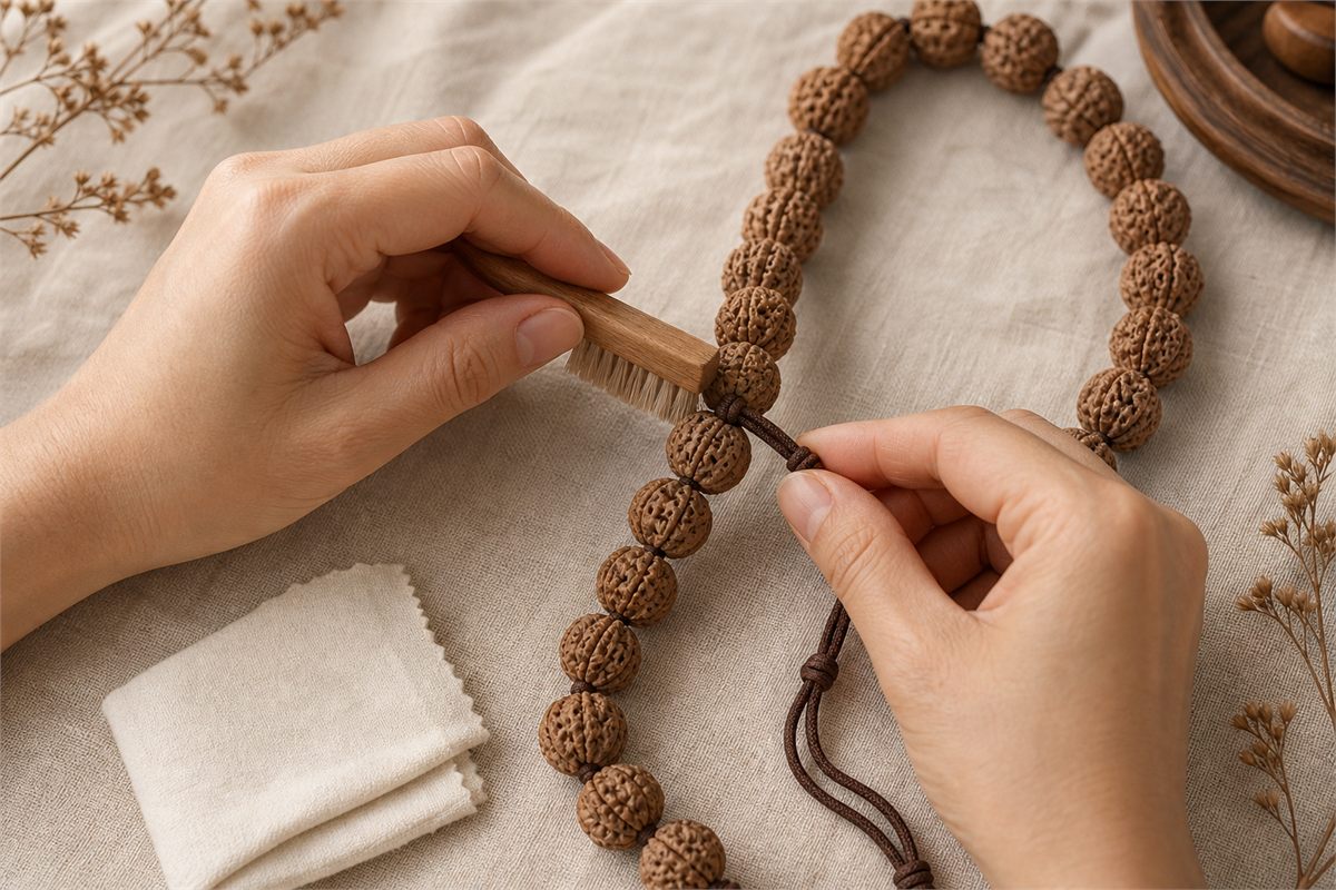 Hands using a soft dry brush while checking a Bodhi strand cord and bead holes