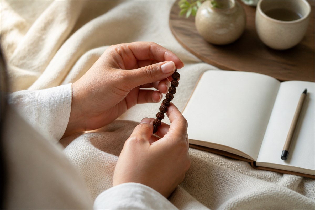 Two relaxed hands holding a short natural seed strand beside a blank journal