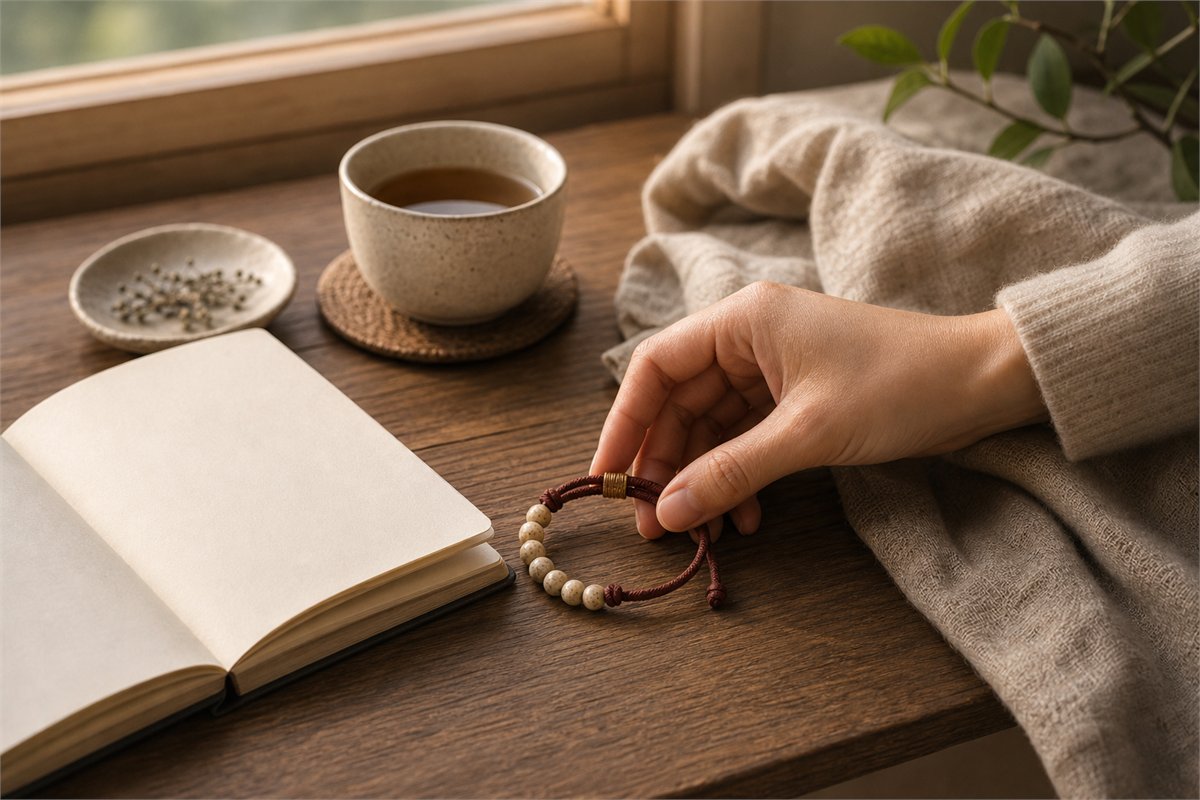 Hand setting a cream seed-bead bracelet beside a blank journal and tea cup near a window