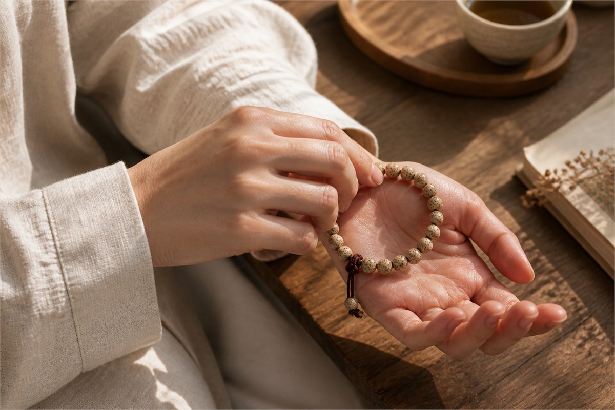 Hands holding a speckled Bodhi seed bracelet beside a sunlit wooden table