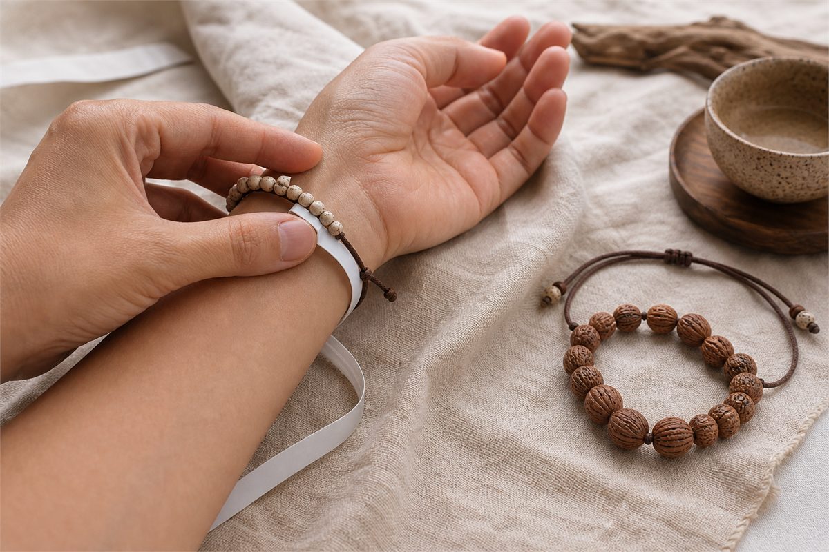 Hands checking a seed bracelet around a wrist with a blank flexible measuring strip beside a larger-bead strand