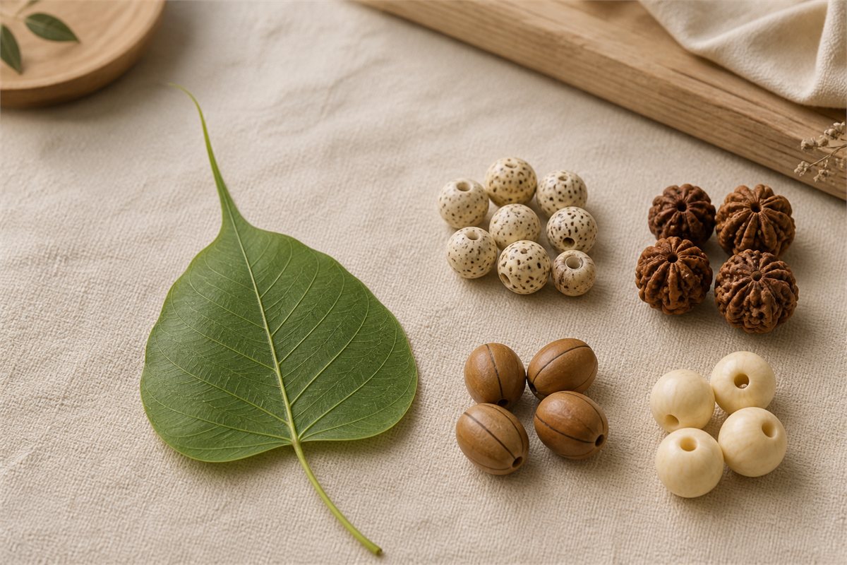 Sacred fig leaf beside Xingyue, Jingang, Fengyan, and pale Bodhi Root beads