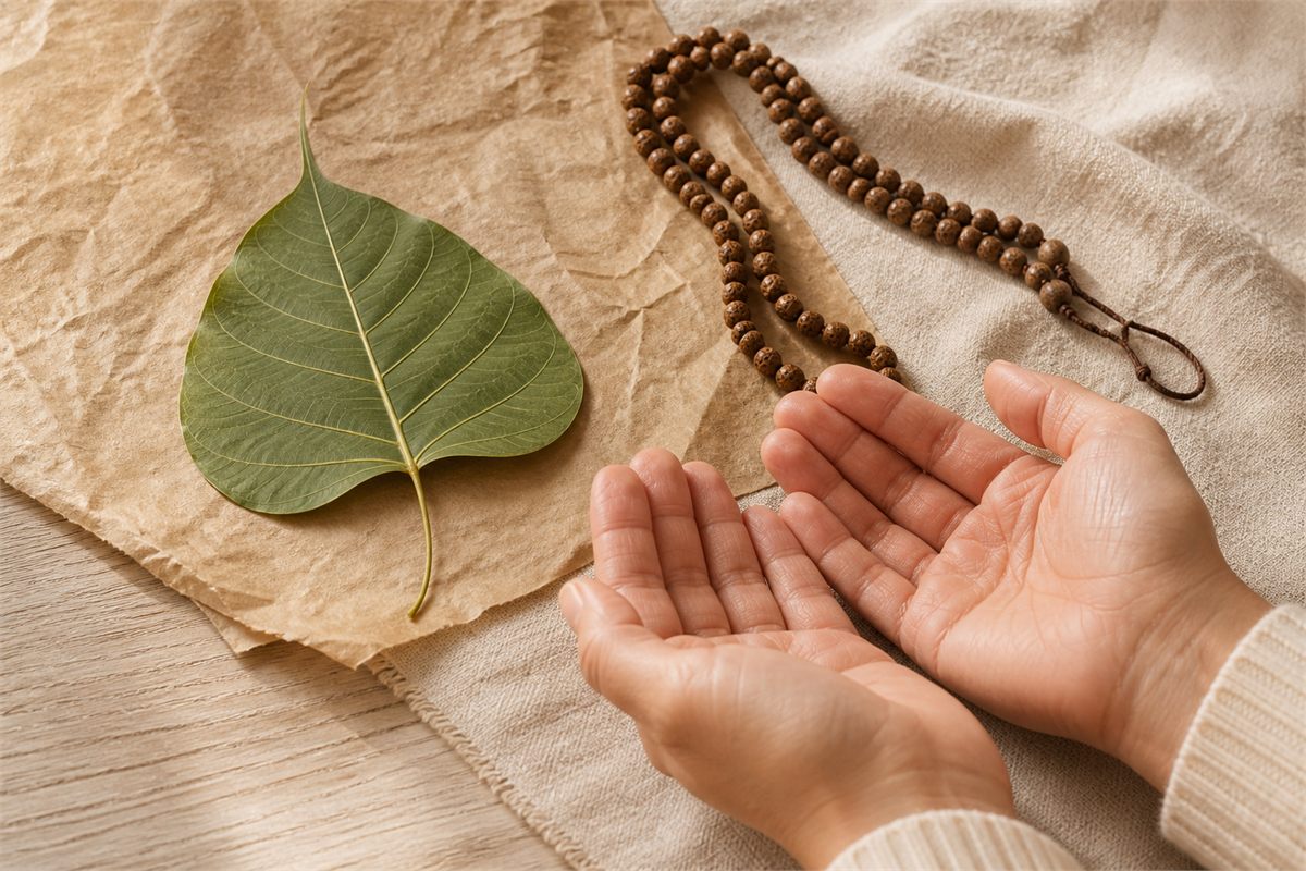 Open hands beside a sacred fig leaf and natural seed mala
