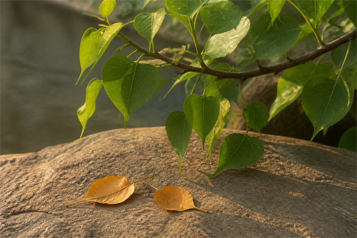 Fresh green and naturally fallen bodhi leaves resting on sunlit stone