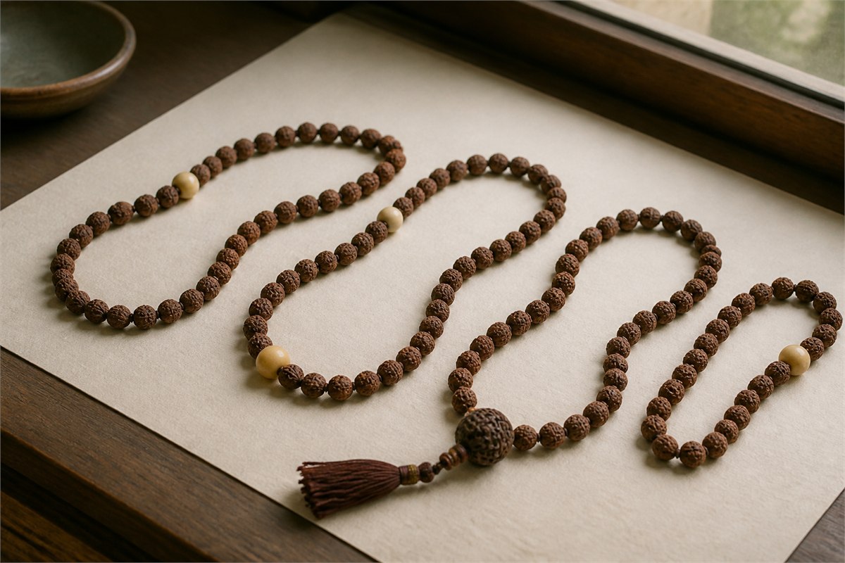 Long Bodhi seed mala arranged in loops with larger marker beads and a guru junction