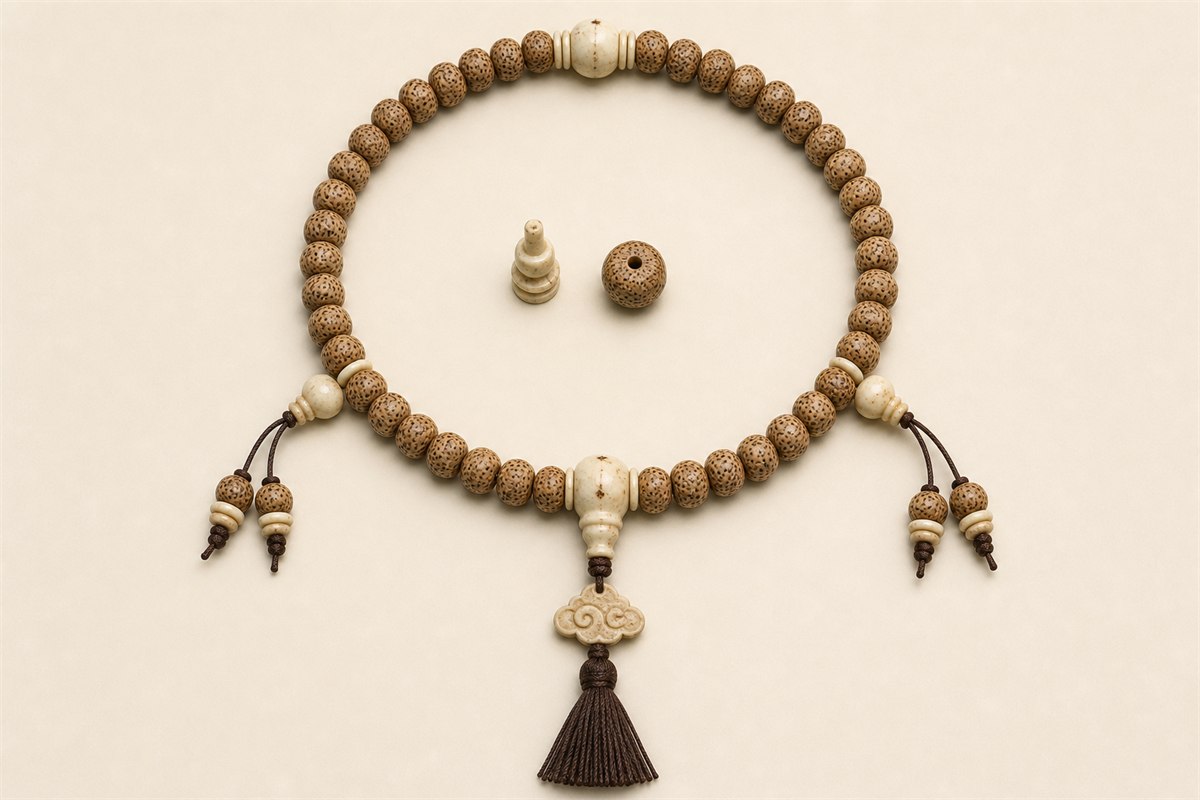 Complete Bodhi seed mala laid flat with mother bead, stupa, marker beads, pendant elements, counters, and tassel