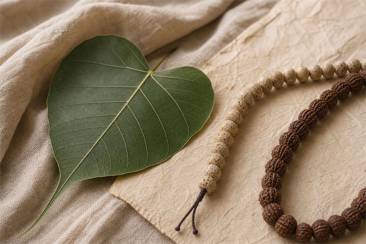 Sacred fig leaf beside cream porous and brown grooved plant-bead strands