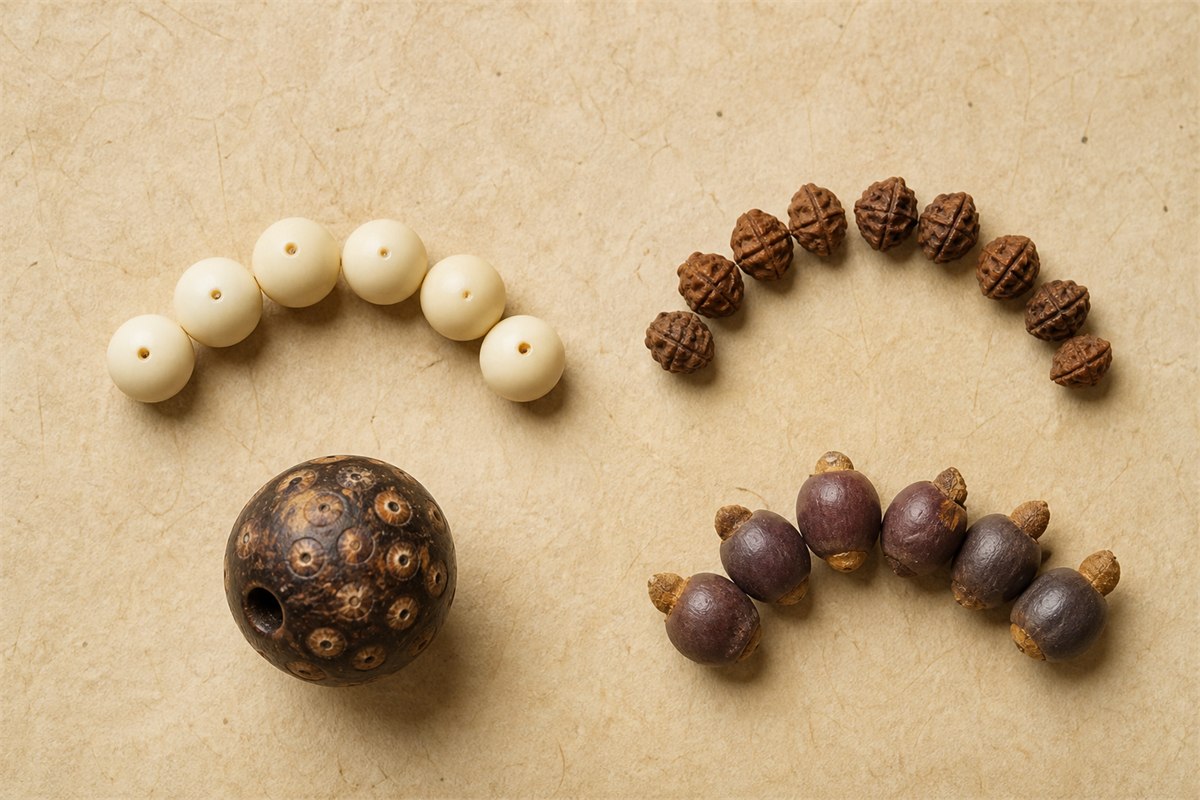 Four distinct groups of pale Bodhi-root, ridged baixiang, thousand-eye, and purple-gold-rat botanical beads