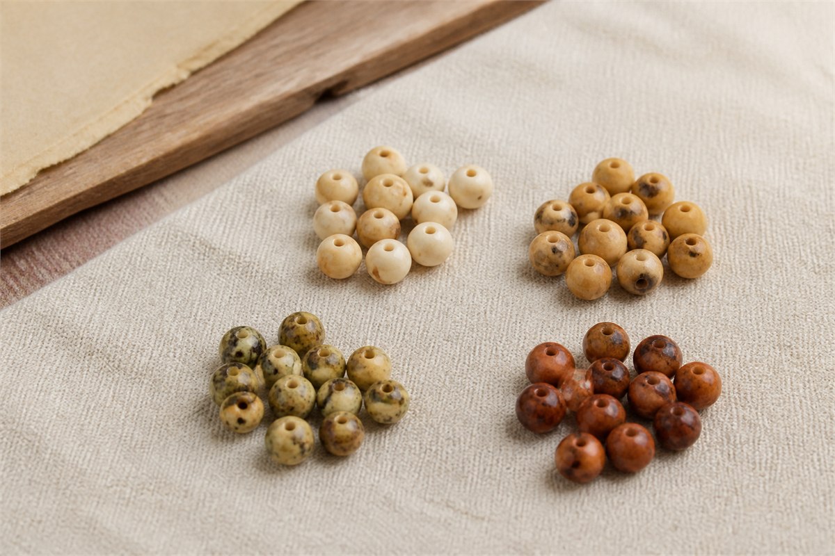 Separate groups of ivory, honey, green-mottled, and reddish-brown seed beads