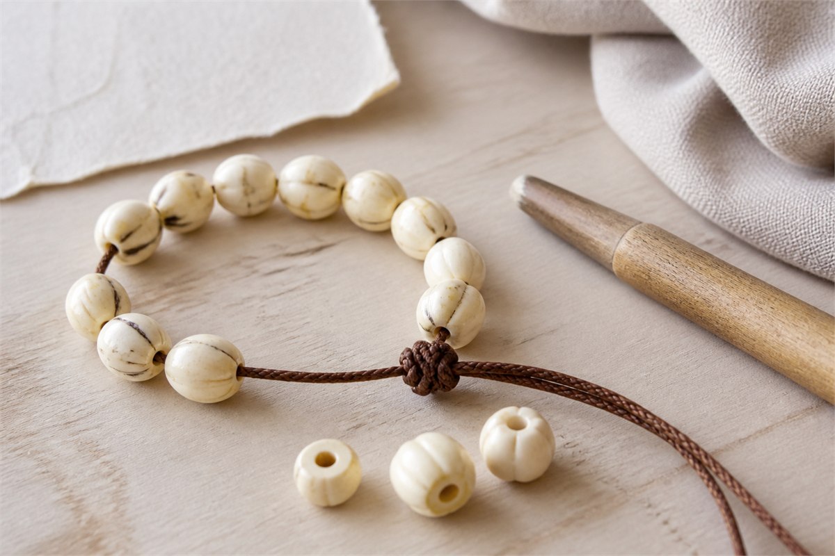 Close view of drilled seed beads, brown cord, and a secure bracelet knot