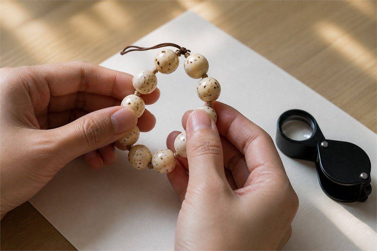 Hands examining an ivory seed-bead bracelet with a loupe in soft daylight