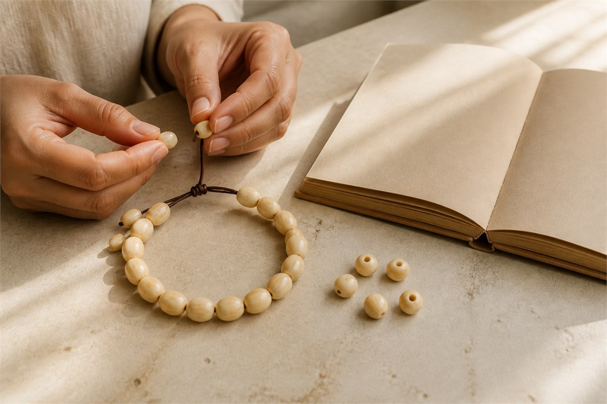 Hands arranging one ivory seed-bead strand and matching loose drilled beads by a blank notebook